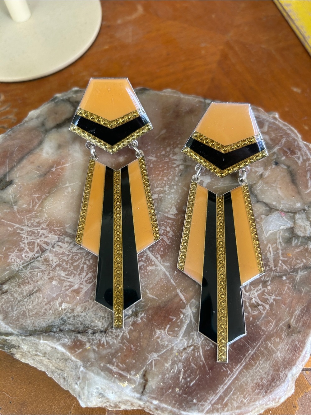 Vintage Art Deco Style Black & Yellow Clip-on Earrings - Picture 2 of 6